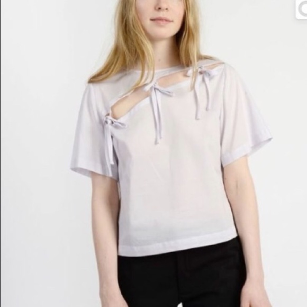 MEG white cotton tie-neck top sz Med- like NEW!